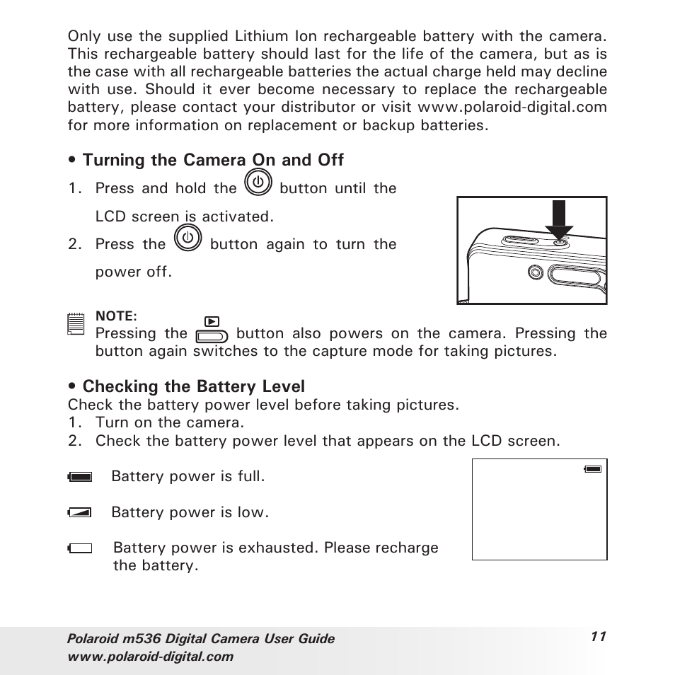 Turning the camera on and off, Checking the battery level | Polaroid m536 User Manual | Page 11 / 111