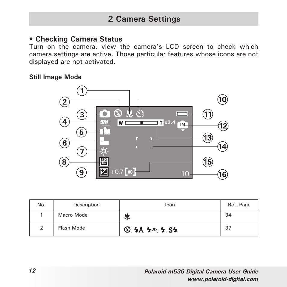 2 camera settings, Checking camera status | Polaroid m536 User Manual | Page 12 / 111