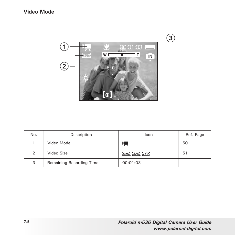 Video mode | Polaroid m536 User Manual | Page 14 / 111