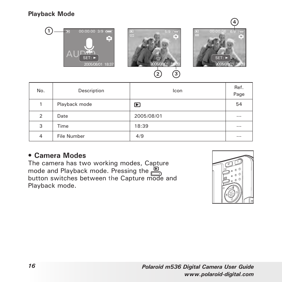 Audio, Camera modes, Playback mode | Polaroid m536 User Manual | Page 16 / 111