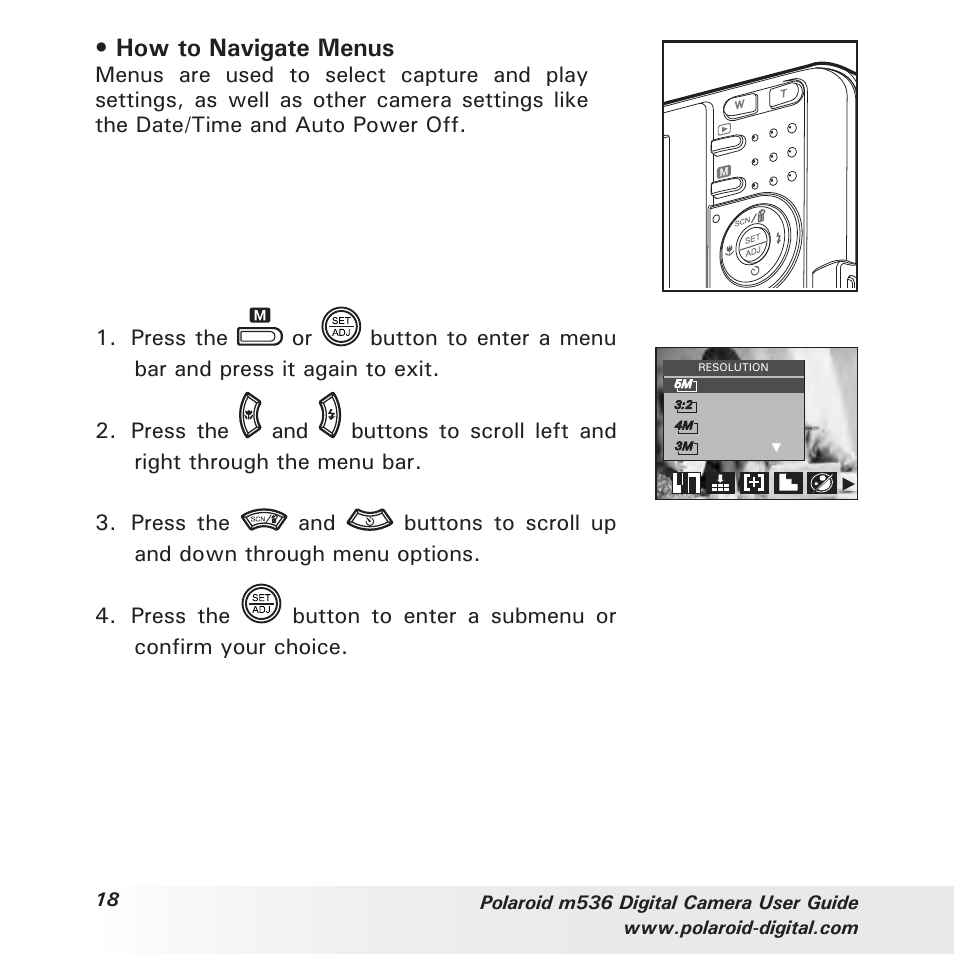 How to navigate menus | Polaroid m536 User Manual | Page 18 / 111
