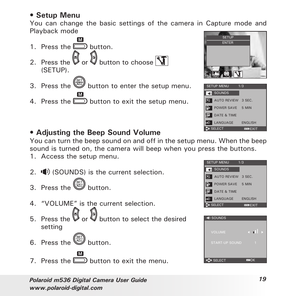 Setup menu, Adjusting the beep sound volume | Polaroid m536 User Manual | Page 19 / 111