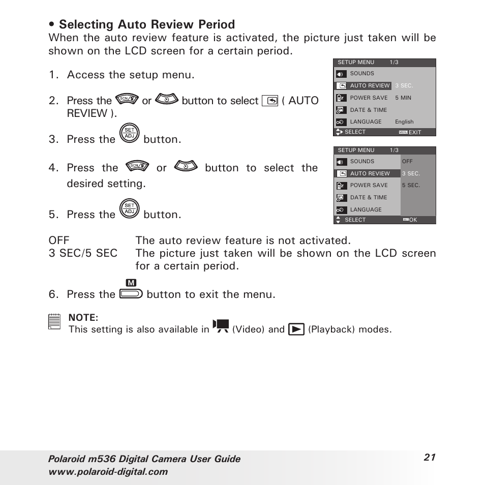 Selecting auto review period | Polaroid m536 User Manual | Page 21 / 111