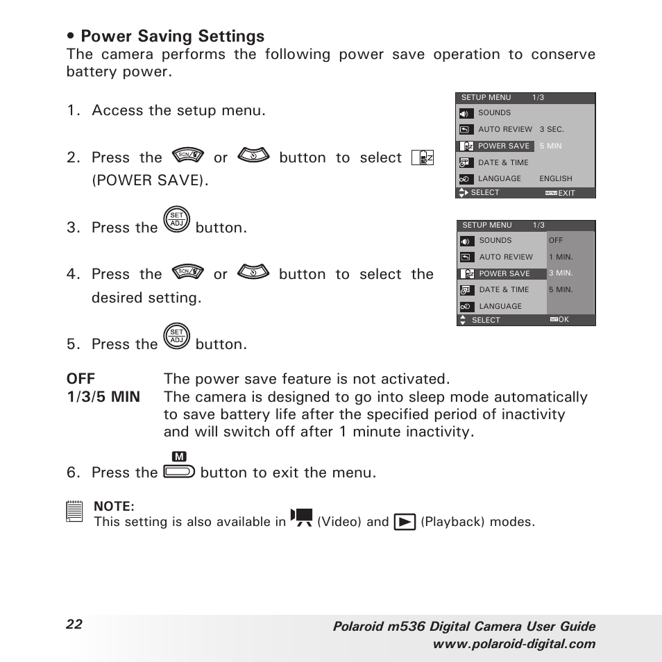 Power saving settings | Polaroid m536 User Manual | Page 22 / 111