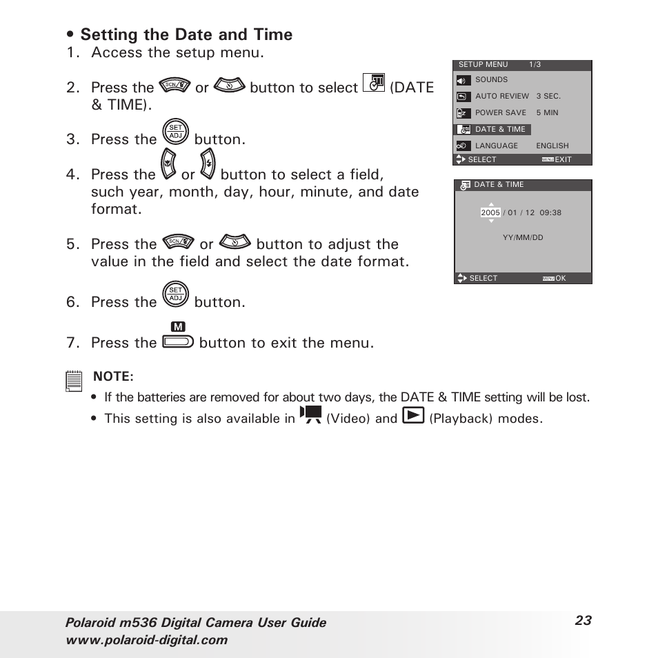 Setting the date and time, Access the setup menu | Polaroid m536 User Manual | Page 23 / 111
