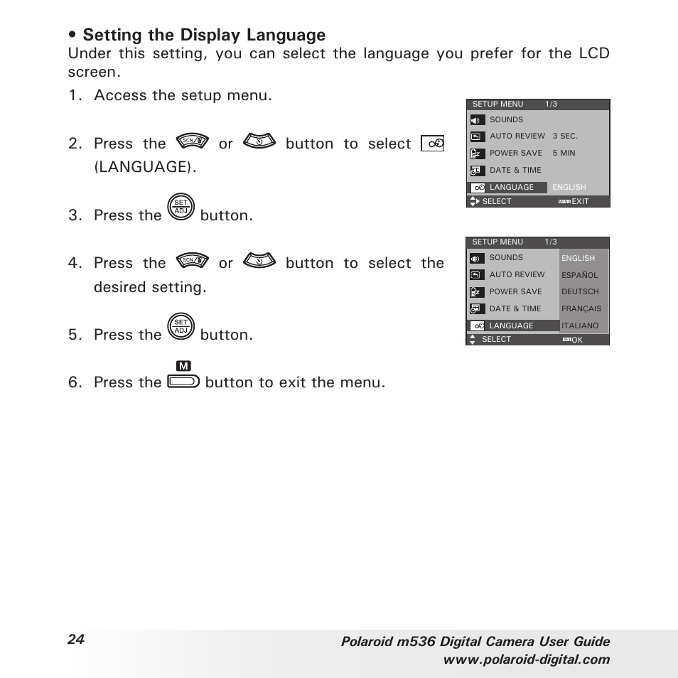 Setting the display language | Polaroid m536 User Manual | Page 24 / 111