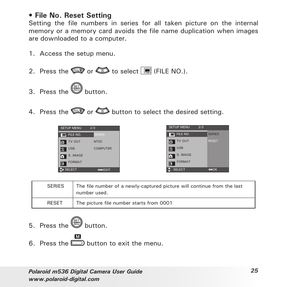 File no. reset setting | Polaroid m536 User Manual | Page 25 / 111