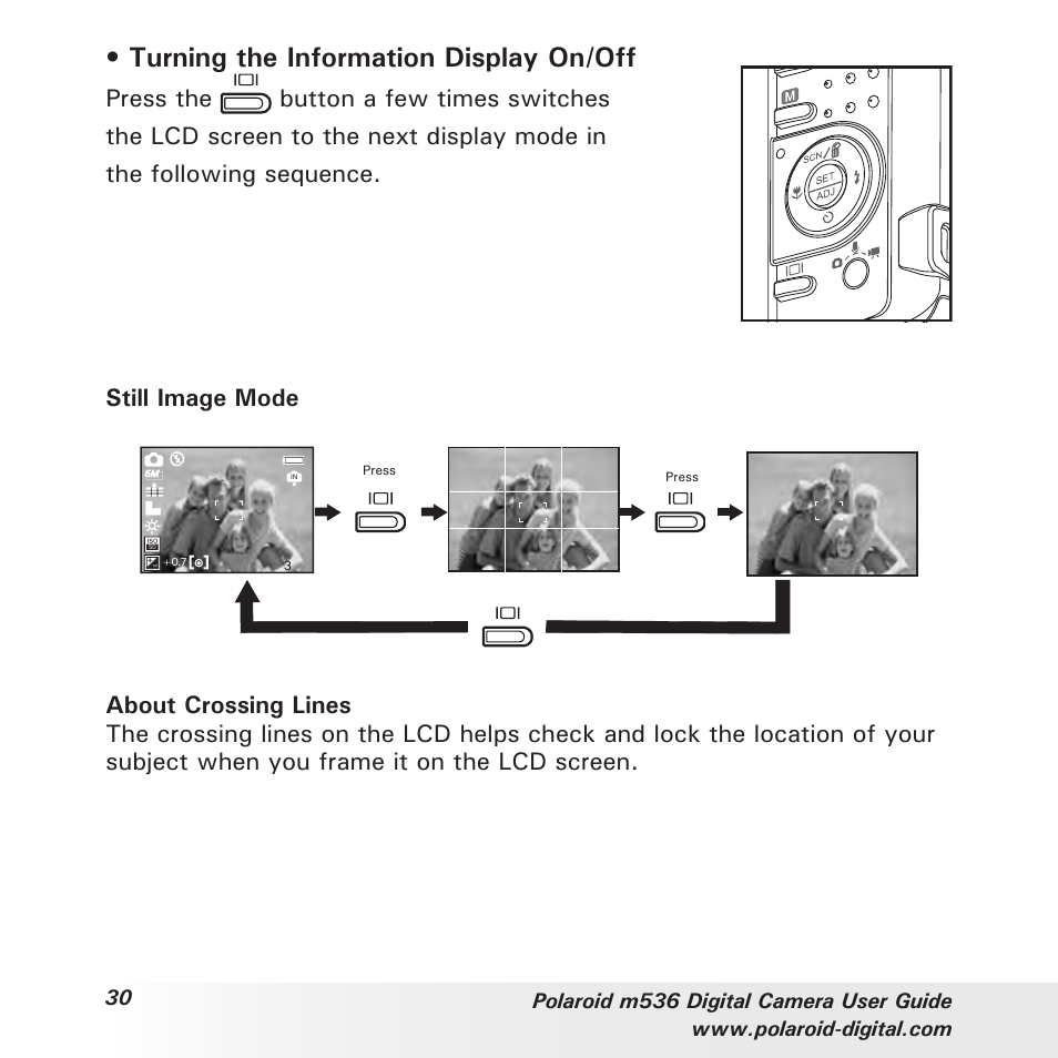 Turning the information display on/off | Polaroid m536 User Manual | Page 30 / 111
