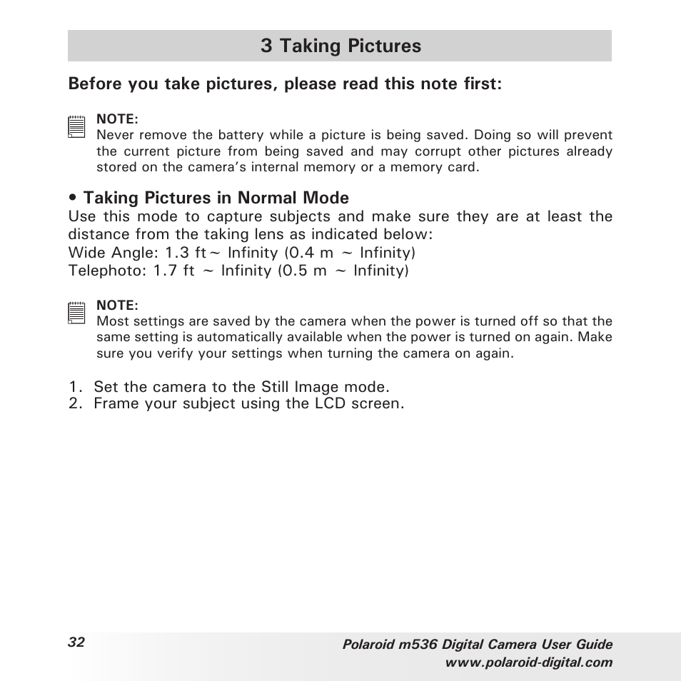 3 taking pictures, Taking pictures in normal mode | Polaroid m536 User Manual | Page 32 / 111