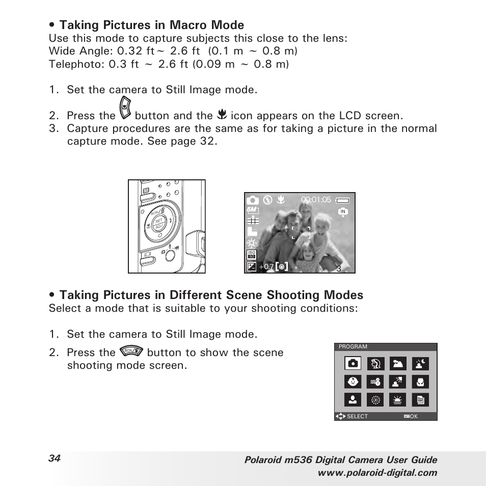 Taking pictures in macro mode, Taking pictures in different scene shooting modes | Polaroid m536 User Manual | Page 34 / 111