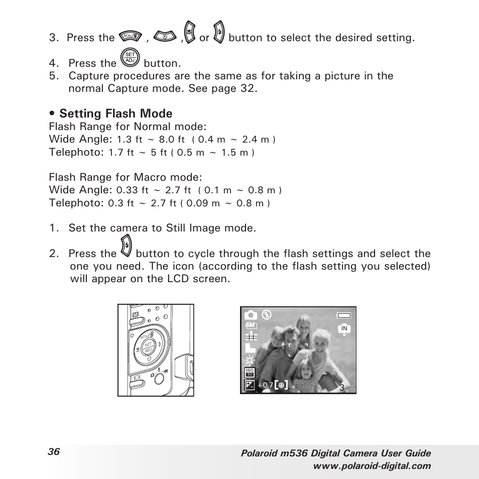 Setting flash mode | Polaroid m536 User Manual | Page 36 / 111