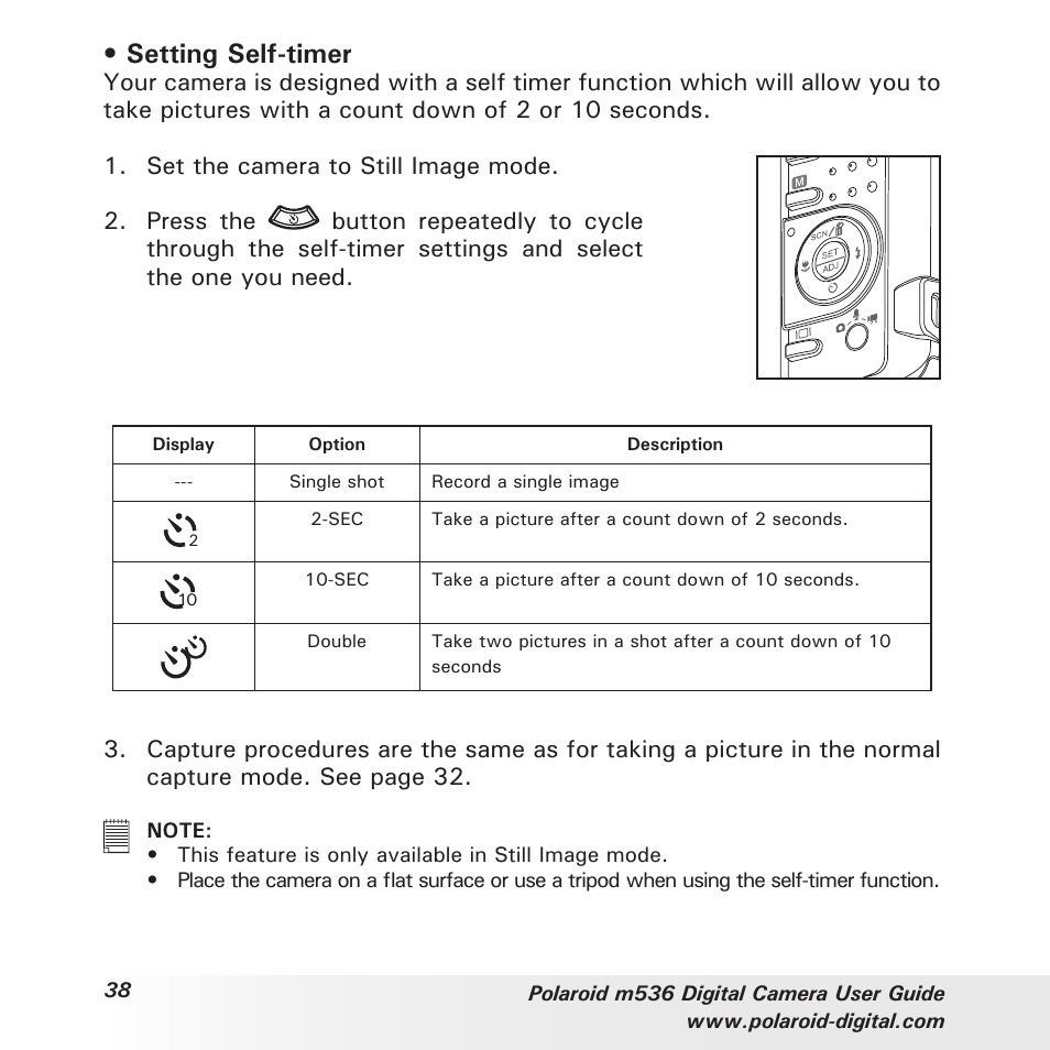 Setting self-timer | Polaroid m536 User Manual | Page 38 / 111