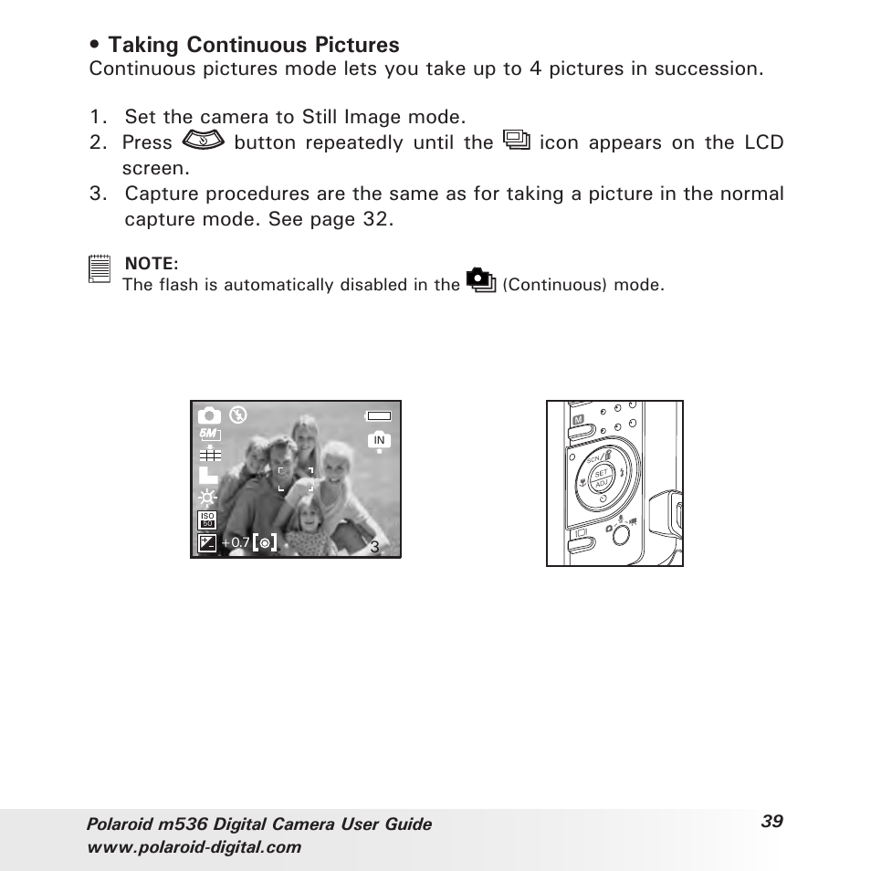 Taking continuous pictures | Polaroid m536 User Manual | Page 39 / 111