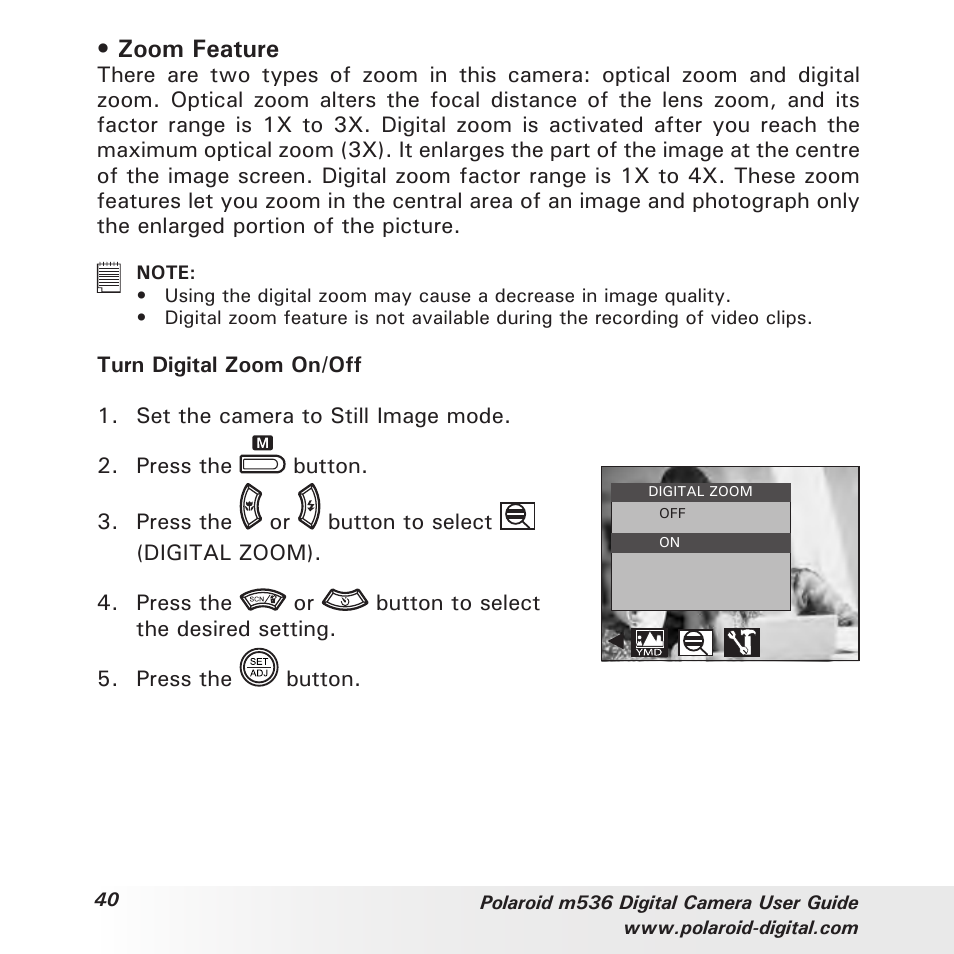 Zoom feature | Polaroid m536 User Manual | Page 40 / 111