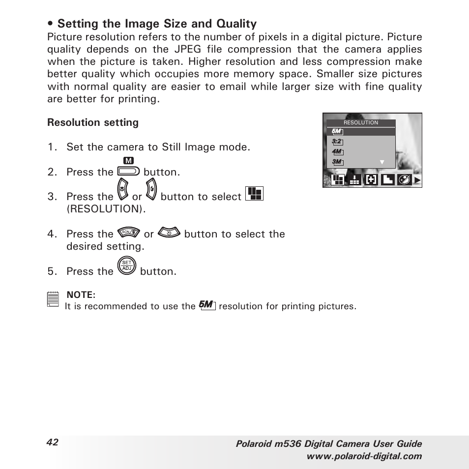 Setting the image size and quality | Polaroid m536 User Manual | Page 42 / 111