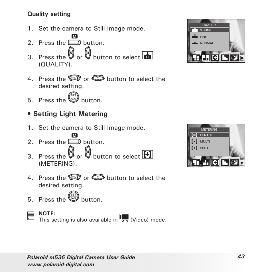 Setting light metering | Polaroid m536 User Manual | Page 43 / 111