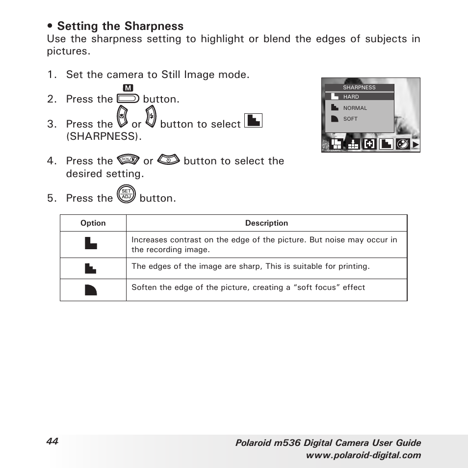 Setting the sharpness | Polaroid m536 User Manual | Page 44 / 111