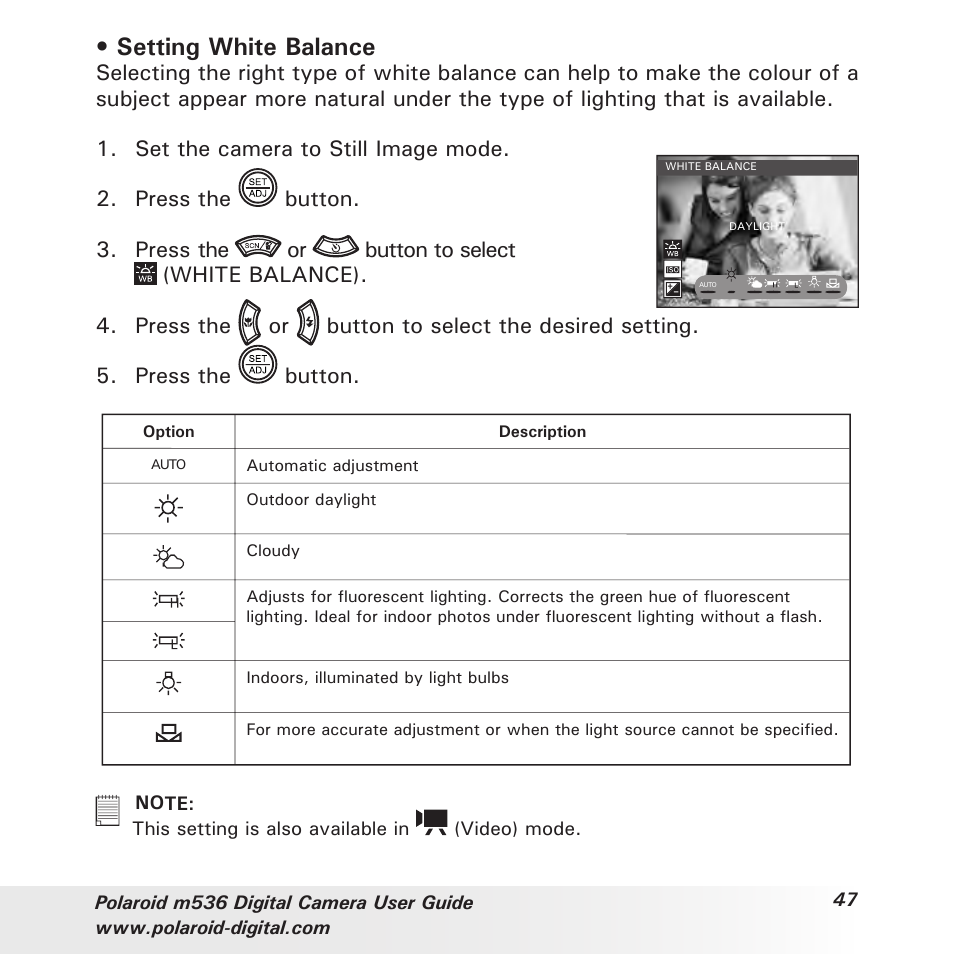 Setting white balance | Polaroid m536 User Manual | Page 47 / 111