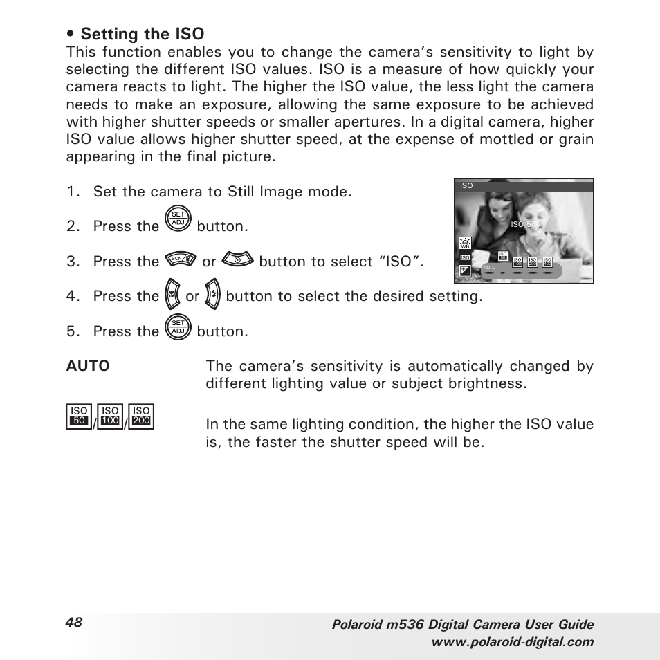 Setting the iso | Polaroid m536 User Manual | Page 48 / 111