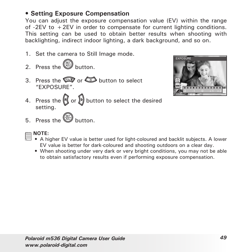 Setting exposure compensation | Polaroid m536 User Manual | Page 49 / 111