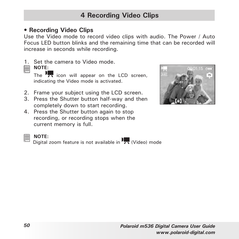 4 recording video clips, Recording video clips | Polaroid m536 User Manual | Page 50 / 111