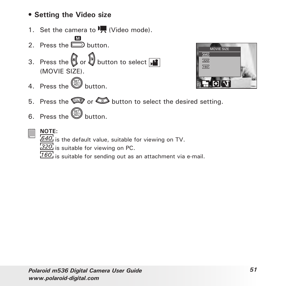 Setting the video size | Polaroid m536 User Manual | Page 51 / 111