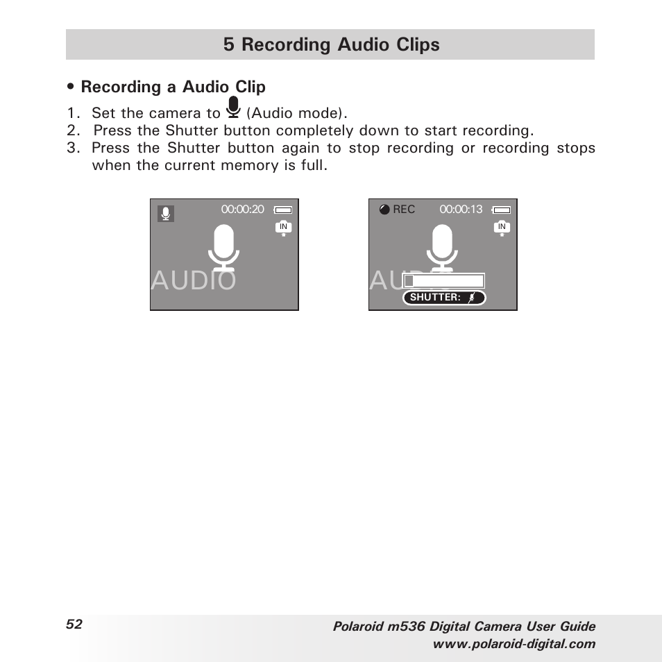 Audio, 5 recording audio clips, Recording a audio clip | Polaroid m536 User Manual | Page 52 / 111