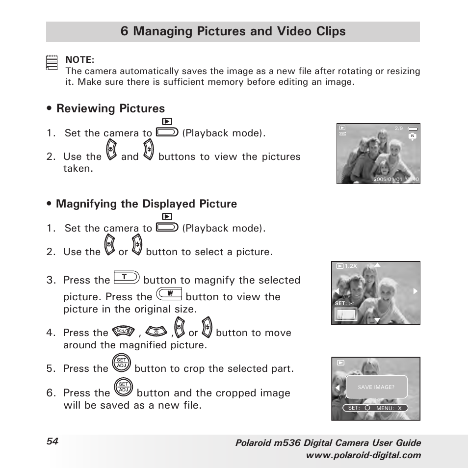 6 managing pictures and video clips, Reviewing pictures, Magnifying the displayed picture | Polaroid m536 User Manual | Page 54 / 111