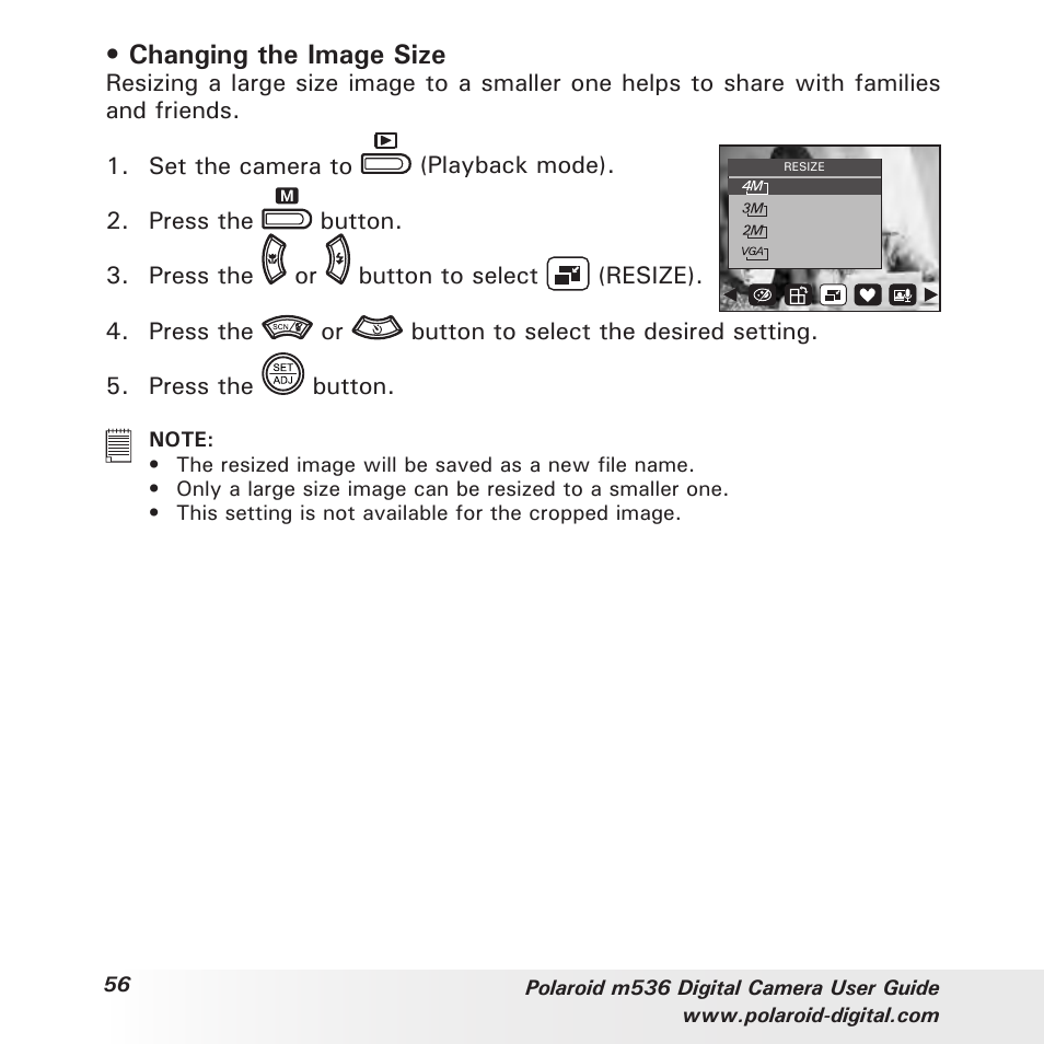 Changing the image size | Polaroid m536 User Manual | Page 56 / 111