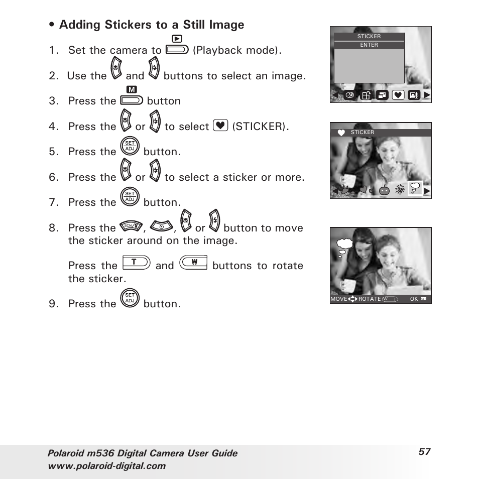 Adding stickers to a still image | Polaroid m536 User Manual | Page 57 / 111