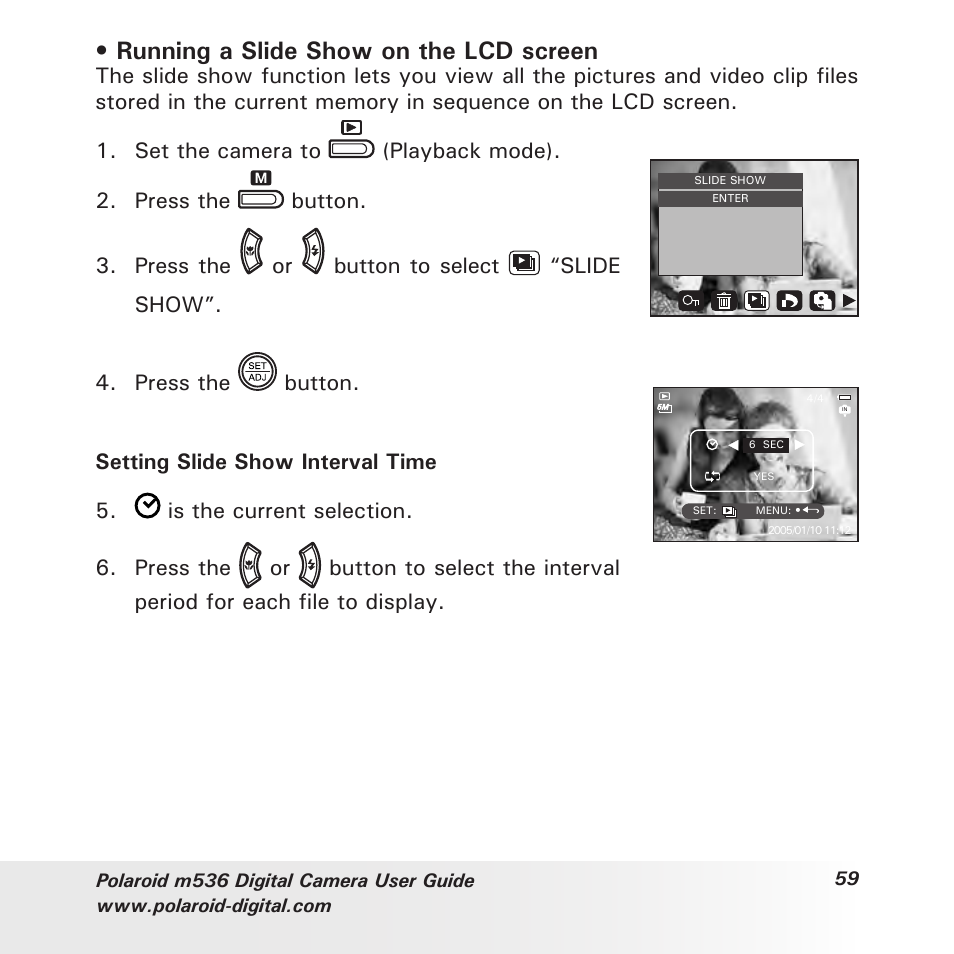 Running a slide show on the lcd screen | Polaroid m536 User Manual | Page 59 / 111
