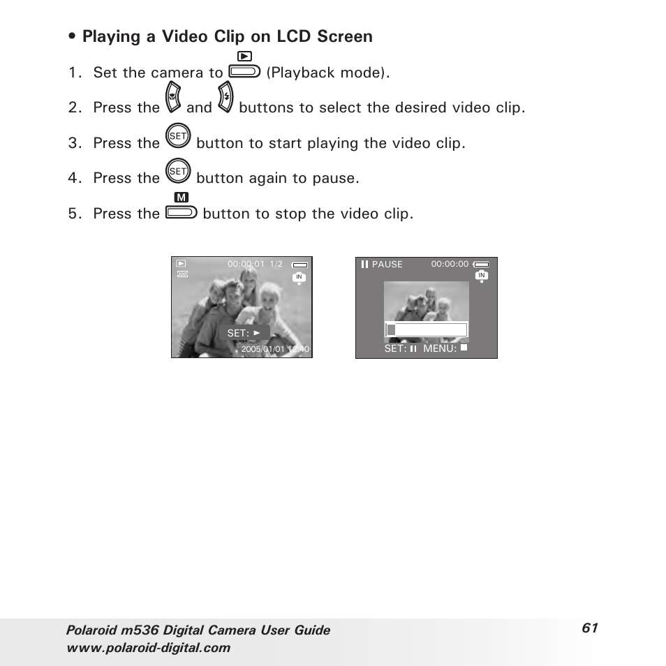 Playing a video clip on lcd screen | Polaroid m536 User Manual | Page 61 / 111