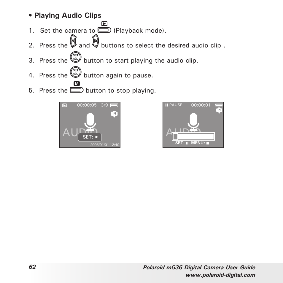 Audio, Playing audio clips | Polaroid m536 User Manual | Page 62 / 111