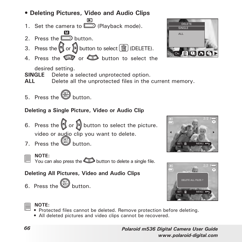 Deleting pictures, video and audio clips, Set the camera to (playback mode) | Polaroid m536 User Manual | Page 66 / 111