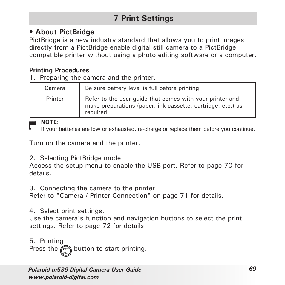 7 print settings, About pictbridge | Polaroid m536 User Manual | Page 69 / 111