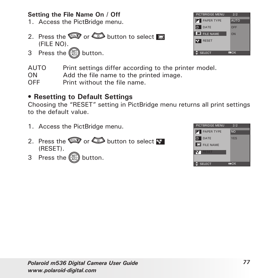 Resetting to default settings | Polaroid m536 User Manual | Page 77 / 111