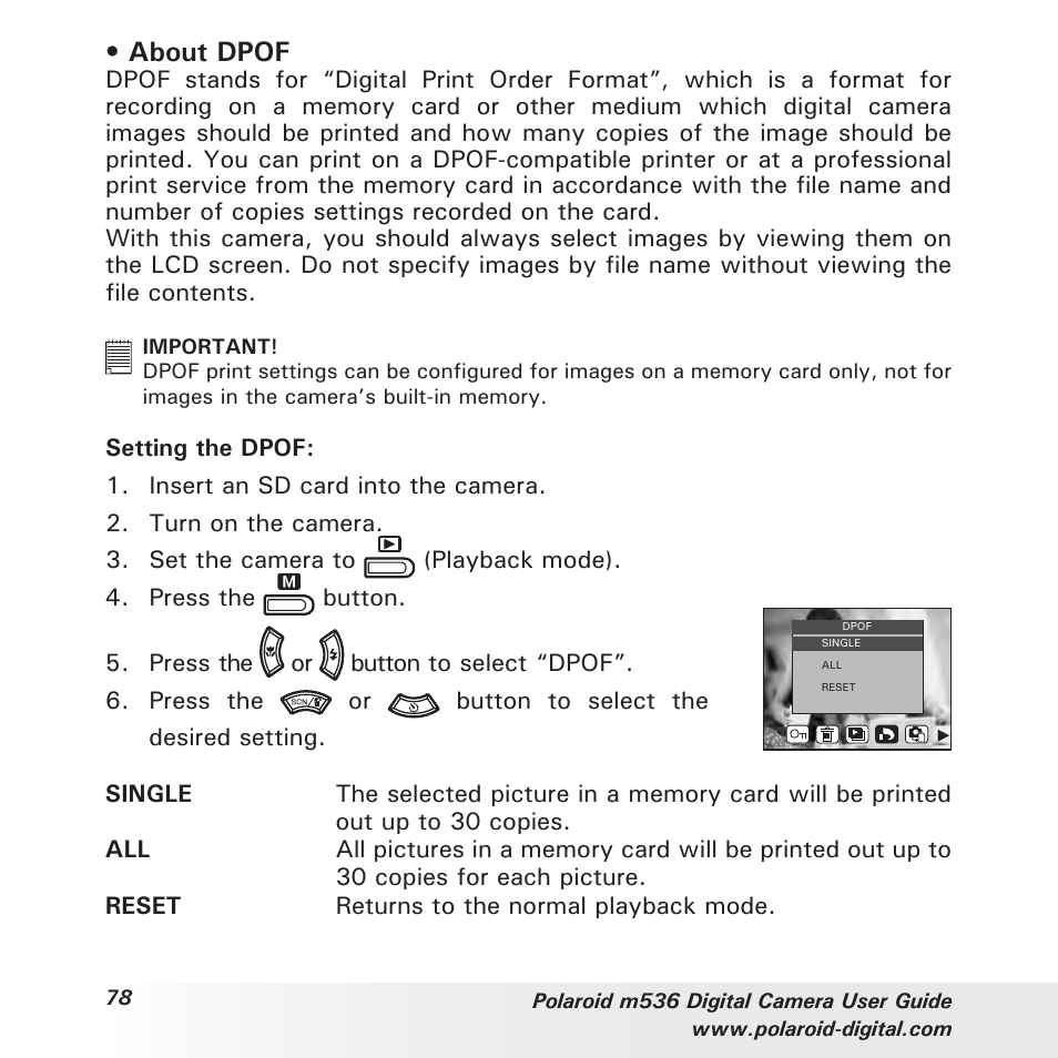 About dpof | Polaroid m536 User Manual | Page 78 / 111