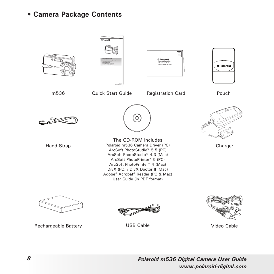 Camera package contents, Registration card the cd-rom includes, Pouch | Hand strap m536 quick start guide, Usb cable rechargeable battery video cable charger | Polaroid m536 User Manual | Page 8 / 111