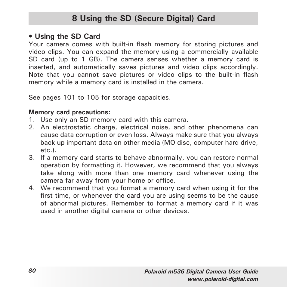 8 using the sd (secure digital) card | Polaroid m536 User Manual | Page 80 / 111