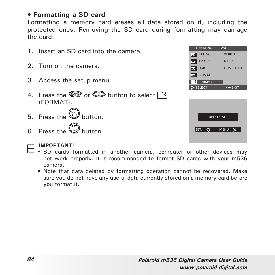 Formatting a sd card | Polaroid m536 User Manual | Page 84 / 111