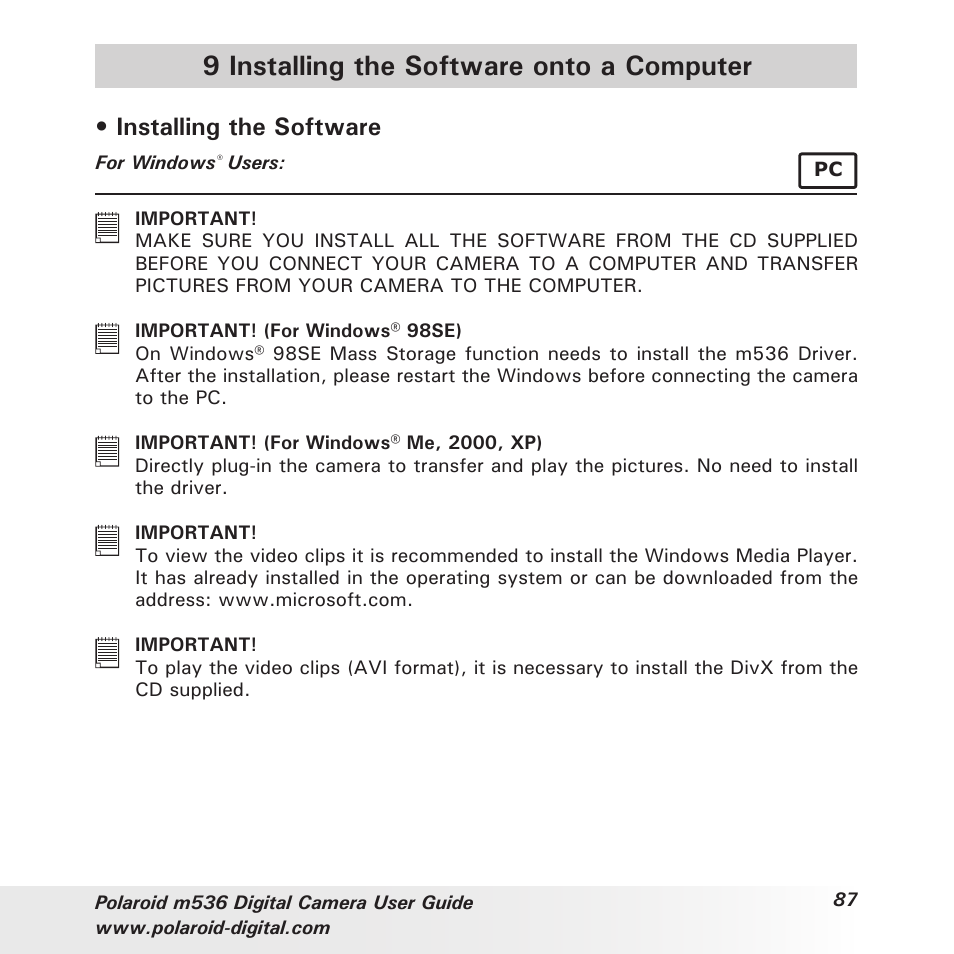 9 installing the software onto a computer, Installing the software | Polaroid m536 User Manual | Page 87 / 111