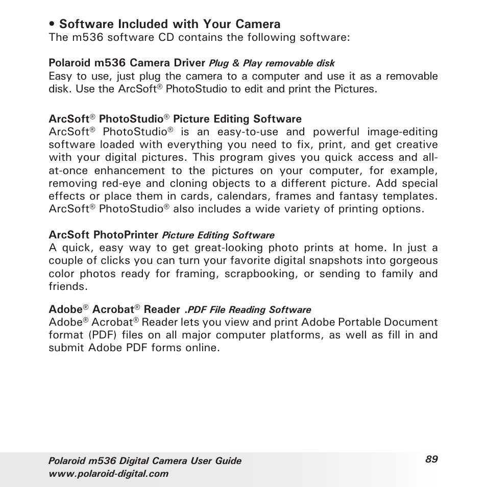Software included with your camera | Polaroid m536 User Manual | Page 89 / 111