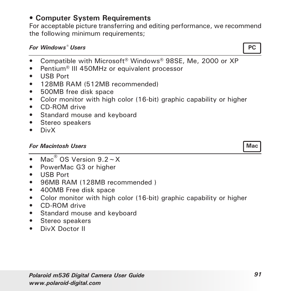 Computer system requirements | Polaroid m536 User Manual | Page 91 / 111