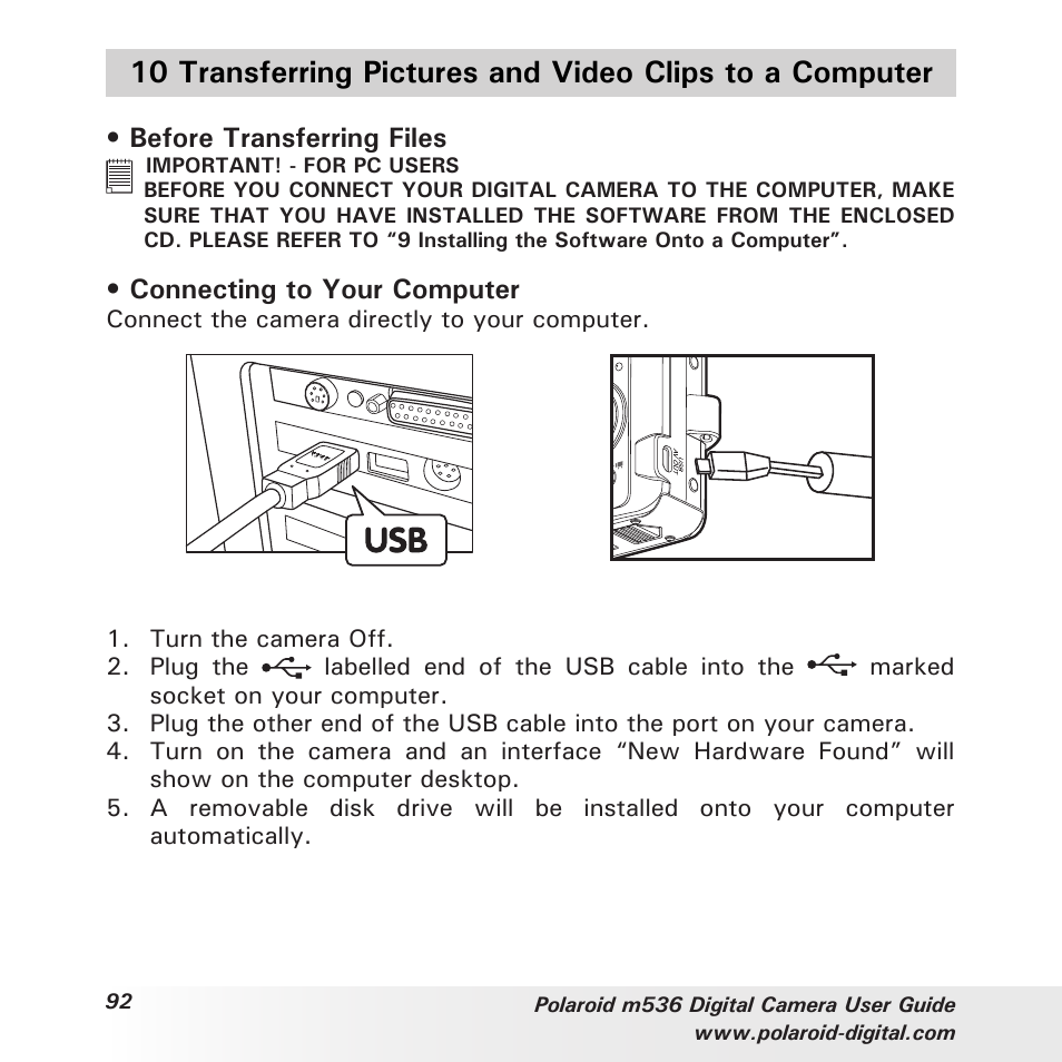 Before transferring files, Connecting to your computer | Polaroid m536 User Manual | Page 92 / 111