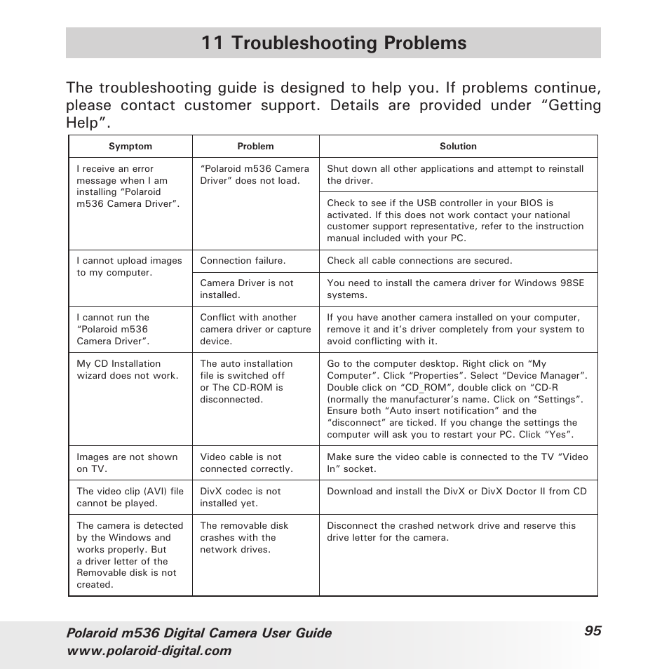 11 troubleshooting problems | Polaroid m536 User Manual | Page 95 / 111
