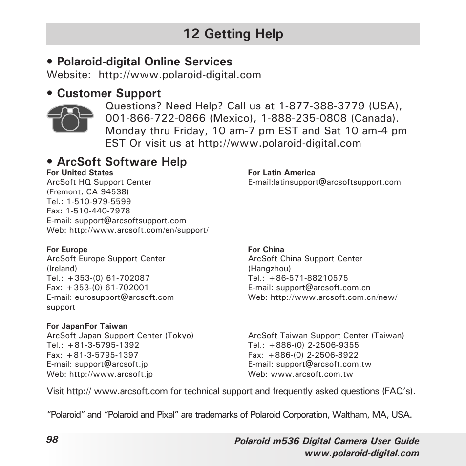 12 getting help, Polaroid-digital online services, Customer support | Arcsoft software help | Polaroid m536 User Manual | Page 98 / 111