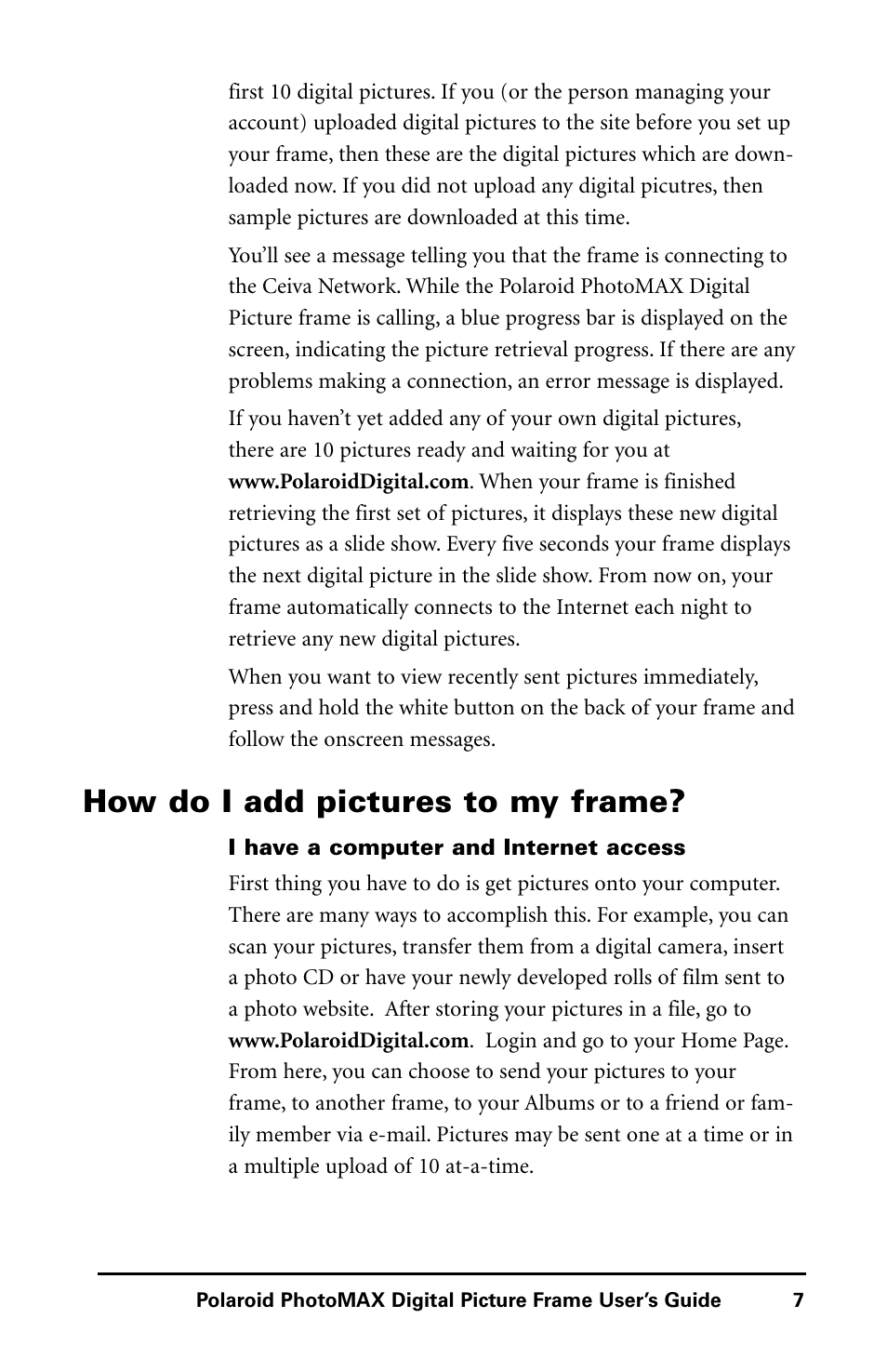 How do i add pictures to my frame | Polaroid Digital Picture Frame User Manual | Page 10 / 25