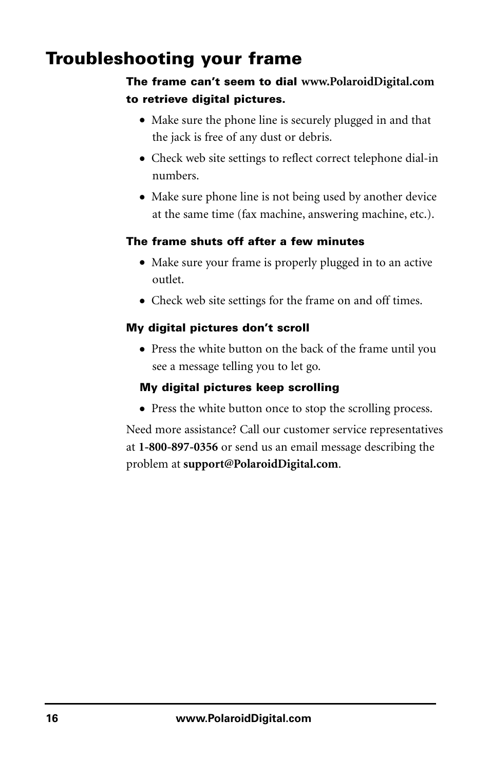 Troubleshooting your frame | Polaroid Digital Picture Frame User Manual | Page 19 / 25