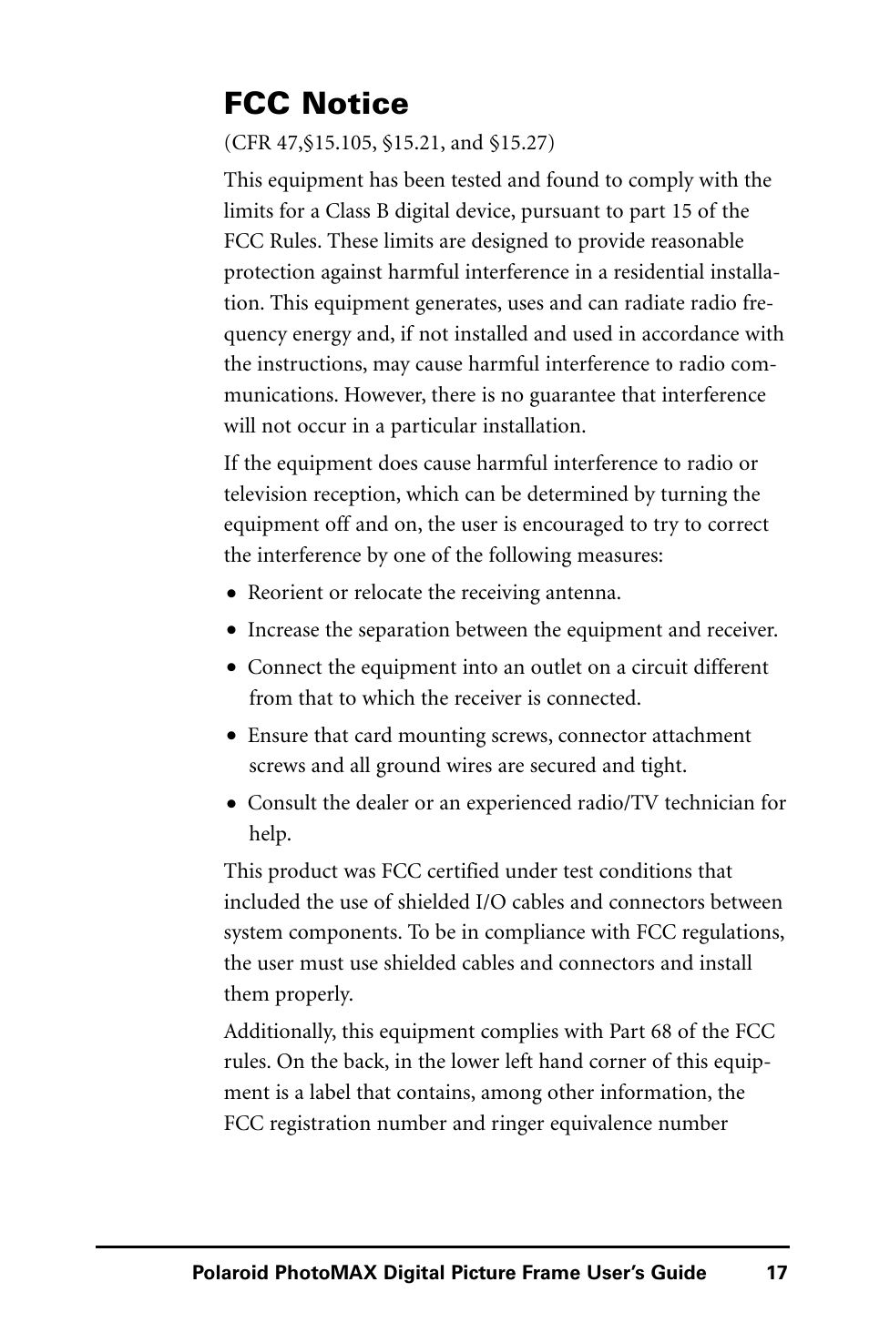 Fcc notice | Polaroid Digital Picture Frame User Manual | Page 20 / 25