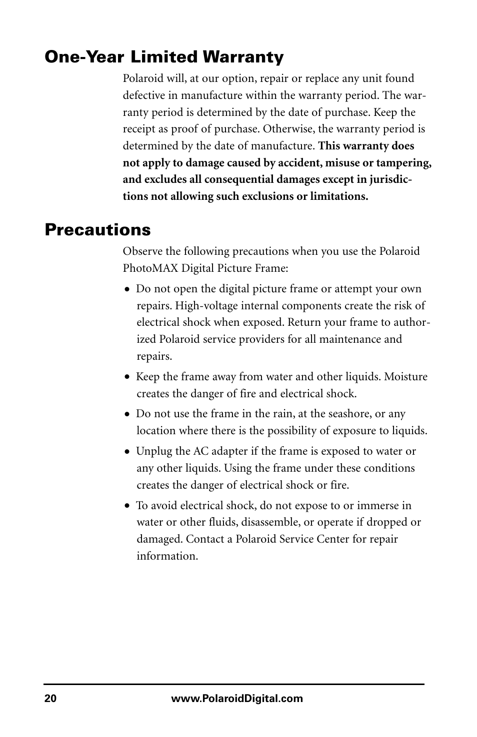 One-year limited warranty, Precautions | Polaroid Digital Picture Frame User Manual | Page 23 / 25